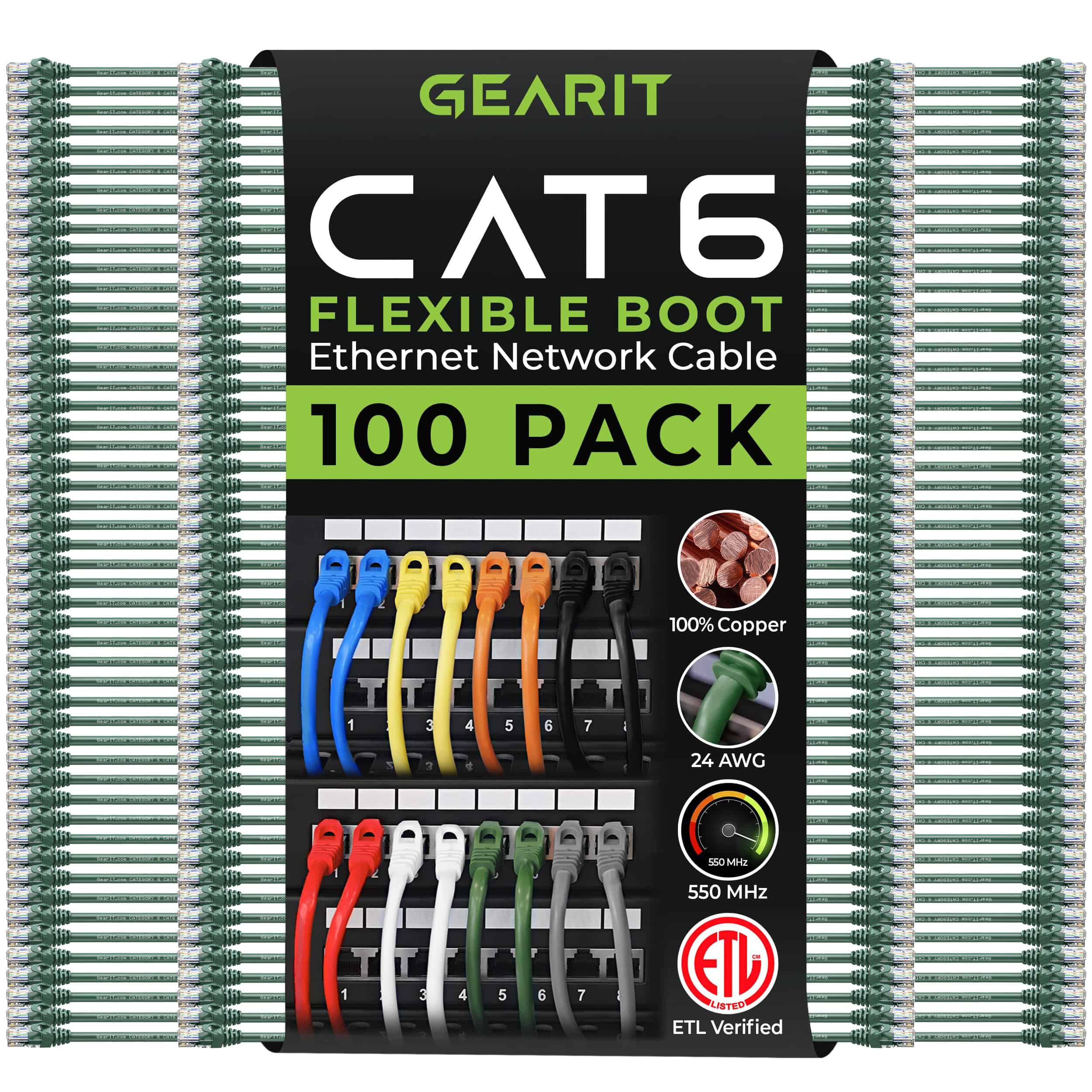 Cable Ethernet GearIT CAT6 23AWG 3 Pies Pack De 100 Verde