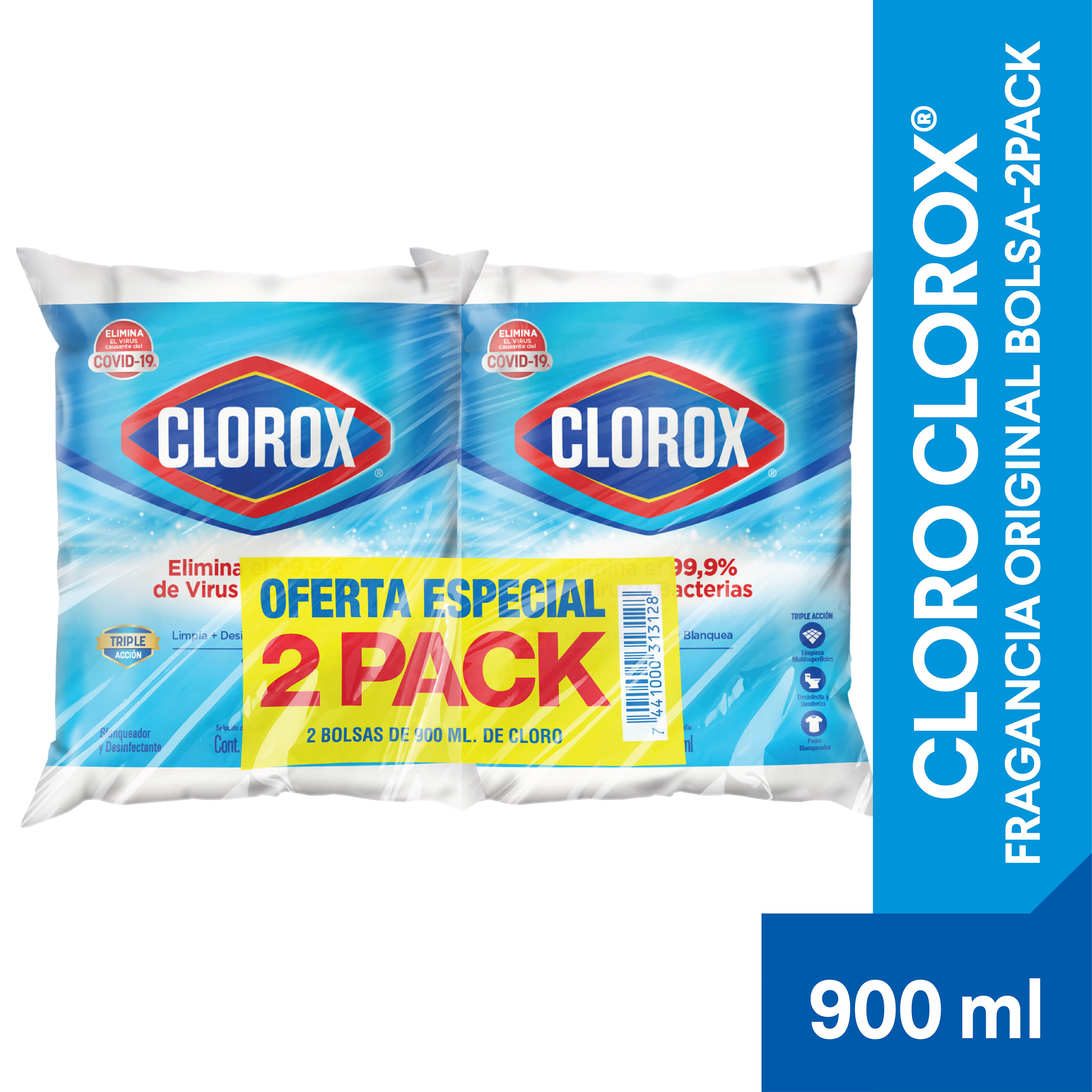 Cloro Clorox Fragancia Original Triple Acción Bolsa 2 Pack - 900ml