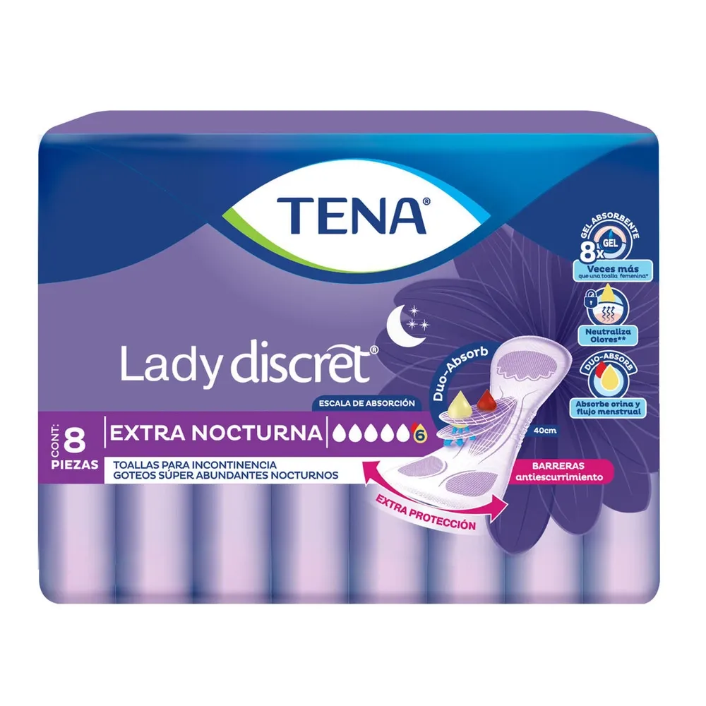 TENA Lady Discret Extra Nocturna Goteos Súper Abundantes - 8 piezas