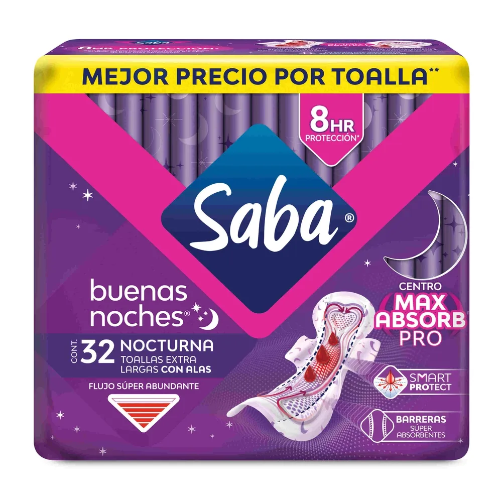 Toallas Femeninas Saba Buenas Noches con alas flujo súper abundante - 32 piezas