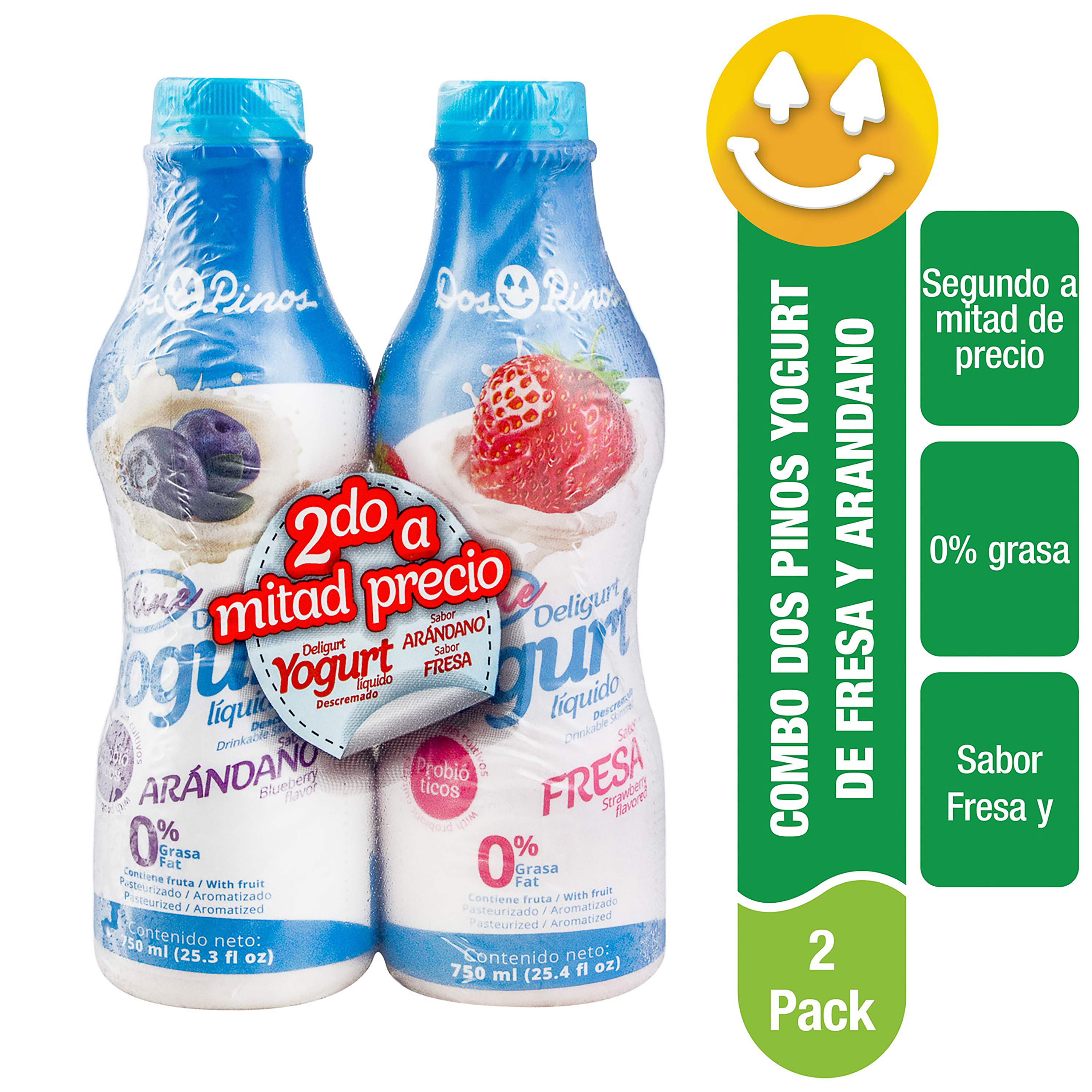 Yogurt Líquido Dos Pinos Fresa Y Arándano Descremado 0% Grasa 2 Pack - 750ml